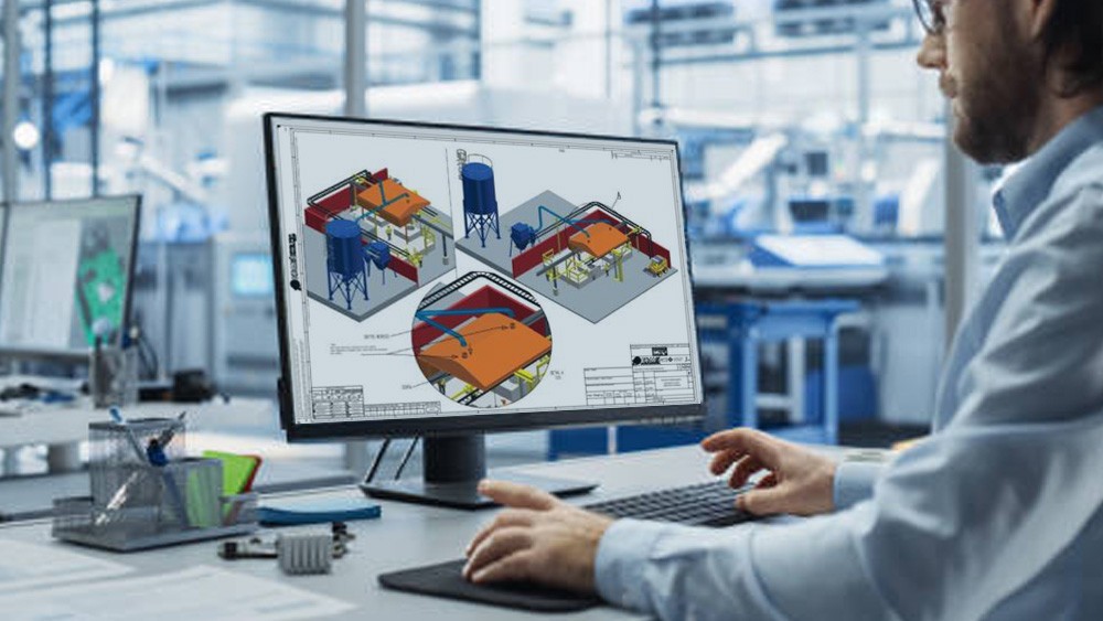 Imagem ilustrativa de engenharia do produto, modelagem CAD e simulações CAE